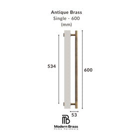 Measurement chart of an antique brass handle on a white background with 'Modern Brass' branding.