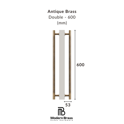 A product dimension diagram of an antique brass double door handle with dark gray grips, showing a height of 600 mm and a width of 55 mm, with the Modern Brass Home Hardware logo at the bottom.
