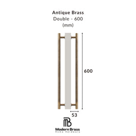 A product dimension diagram of an antique brass double door handle with dark gray grips, showing a height of 600 mm and a width of 55 mm, with the Modern Brass Home Hardware logo at the bottom.