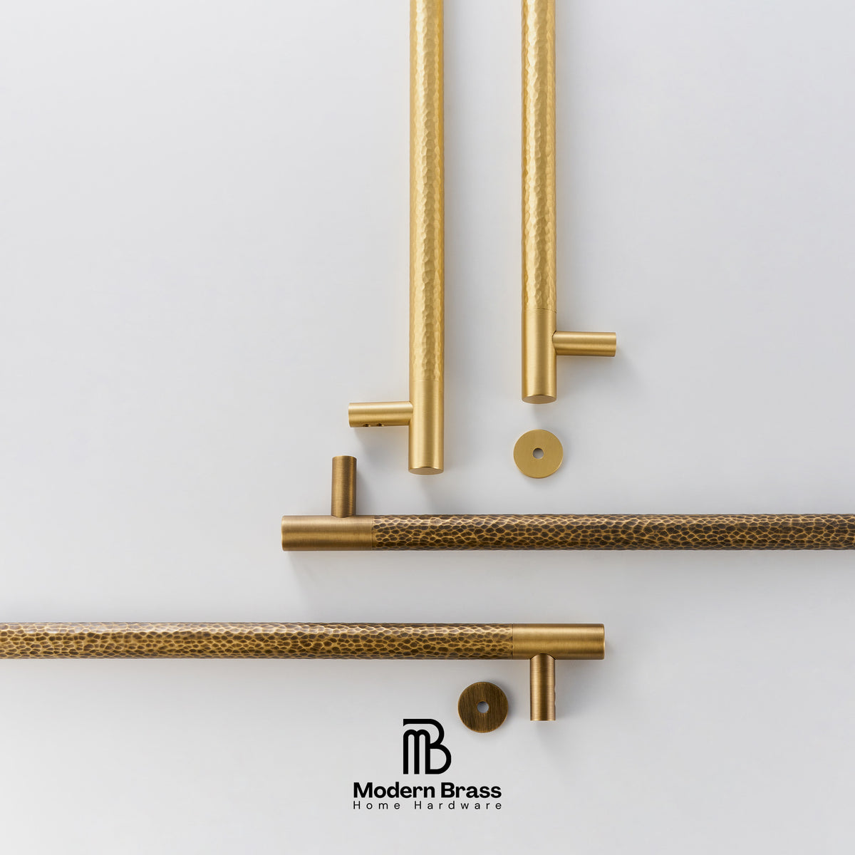 Gold door handles and hardware on a white background with 'Modern Brass' branding.