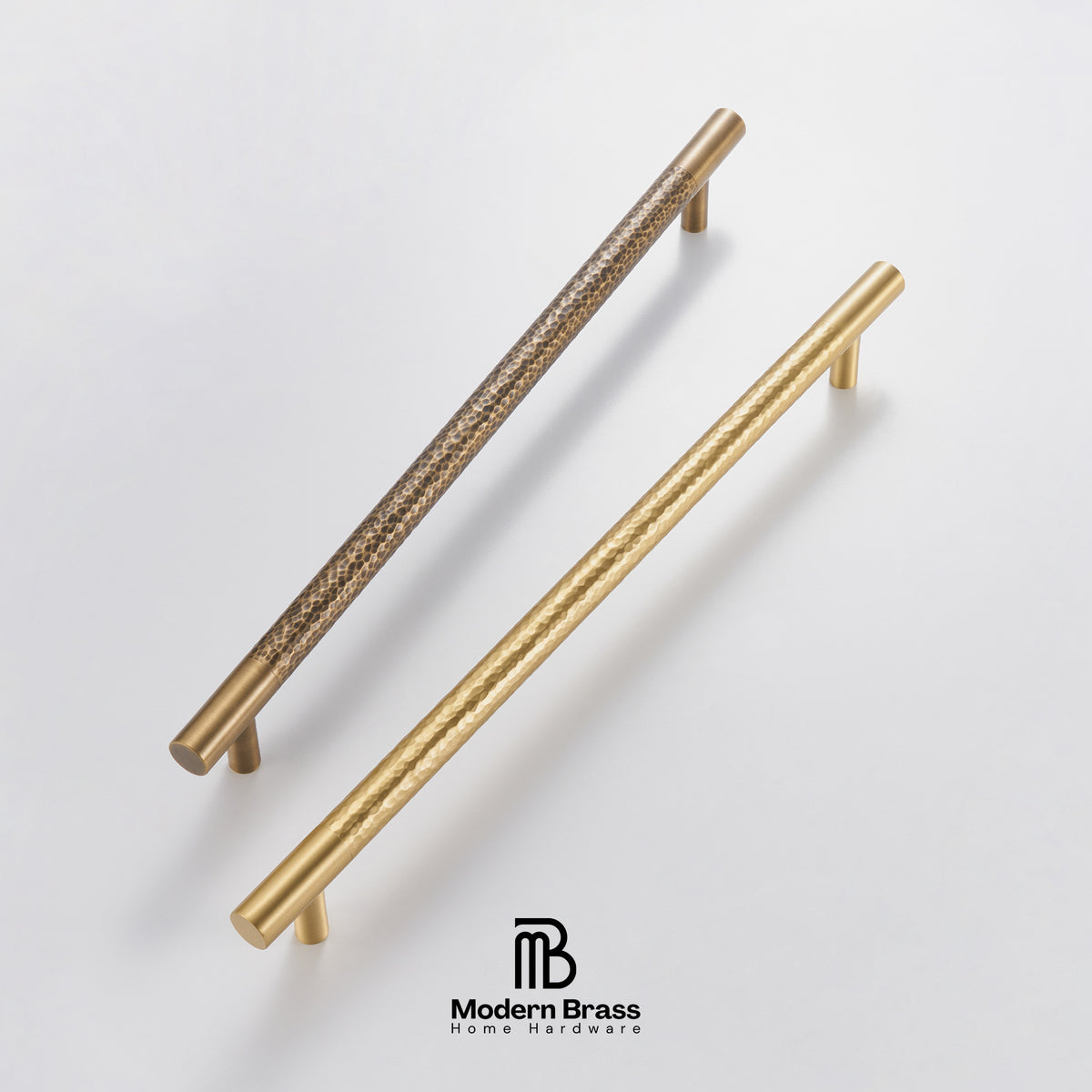 Two brass cabinet handles, one with a textured basketweave pattern and one with a twisted rope texture, displayed on a clean white background with the Modern Brass logo at the bottom.