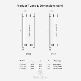 A product specification and dimension chart for Modern Brass home hardware, showing two vertical metal profile diagrams labeled DP04-B and DP04-A with measurements in millimeters, plus a table of model numbers, center distance (C), length (L), height (H), and weight in grams.