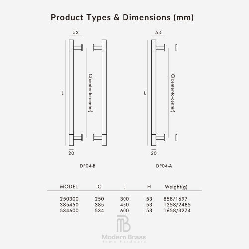 A product specification and dimension chart for Modern Brass home hardware, showing two vertical metal profile diagrams labeled DP04-B and DP04-A with measurements in millimeters, plus a table of model numbers, center distance (C), length (L), height (H), and weight in grams.