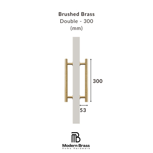 Technical dimension diagram of a brushed brass double door handle, labeled 'Brushed Brass Double - 300 (mm)' with measurements '300' and '53', on a white background. Modern Brass Home Hardware logo is shown at the bottom.