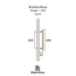 Technical dimension diagram of a brushed brass single wall hook handle, showing measurements of 300 mm length, 250 mm hook depth, and 53 mm width, with the Modern Brass Home Hardware logo at the bottom.