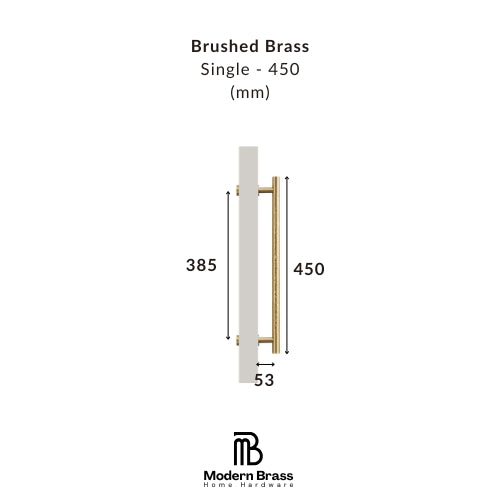 Measurement chart for a brushed brass door handle with dimensions on a white background.
