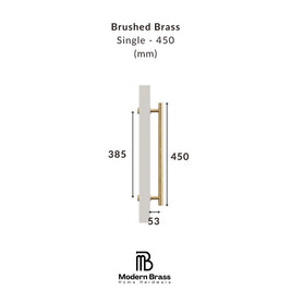 Measurement chart for a brushed brass door handle with dimensions on a white background.