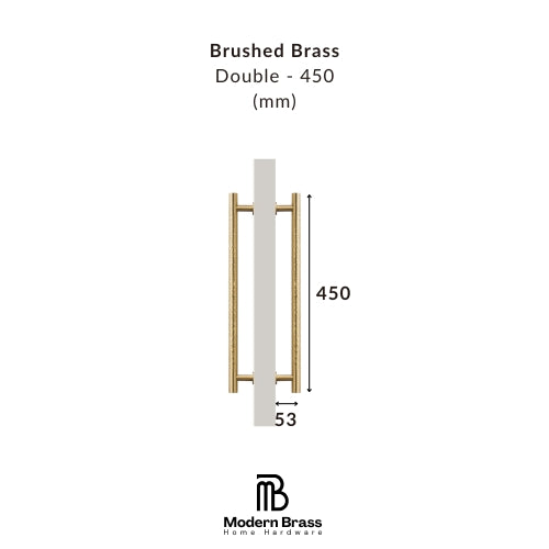 Brass handle on a white background with dimensions and 'Modern Brass' branding.