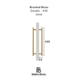Brass handle on a white background with dimensions and 'Modern Brass' branding.