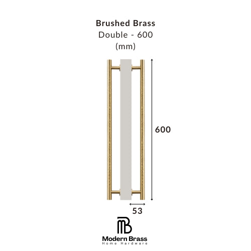 Measurement chart for a brushed brass double handle with dimensions on a white background, featuring the Modern Brass logo.