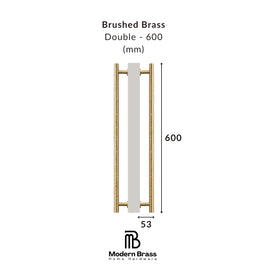 Measurement chart for a brushed brass double handle with dimensions on a white background, featuring the Modern Brass logo.