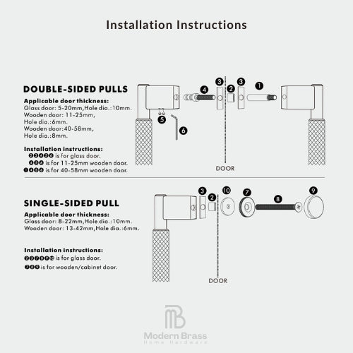 Installation instructions diagram for Modern Brass home hardware, showing side-by-side views of double-sided and single-sided pull door hardware with numbered parts and text specifications on a light gray background.