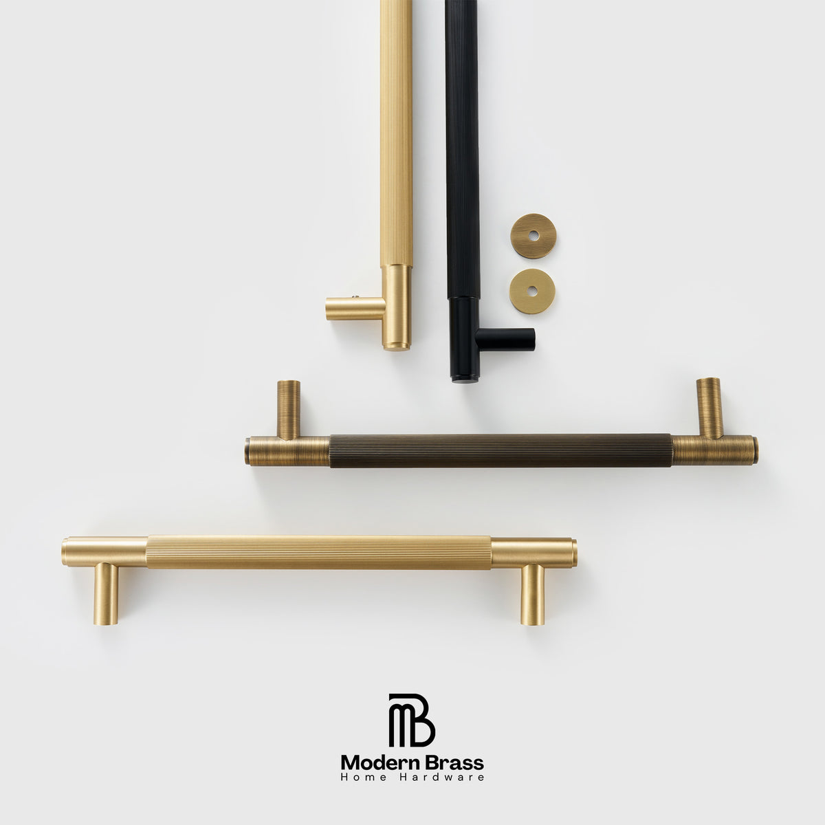 Set of gold and black cabinet handles on a white background with 'Modern Brass' branding.