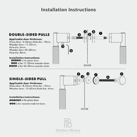 Installation instructions diagram for Modern Brass home hardware, showing side-by-side views of double-sided and single-sided pull door hardware with numbered parts and text specifications on a light gray background.