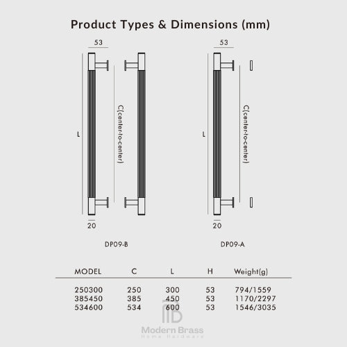 A technical dimension chart titled 'Product Types & Dimensions (mm)' showing two radiator profiles, DP09-B and DP09-A, with labeled center-to-center distances, heights, widths, and a weight table below on a light gray background. The Modern Brass brand name appears at the bottom.