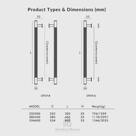A technical dimension chart titled 'Product Types & Dimensions (mm)' showing two radiator profiles, DP09-B and DP09-A, with labeled center-to-center distances, heights, widths, and a weight table below on a light gray background. The Modern Brass brand name appears at the bottom.