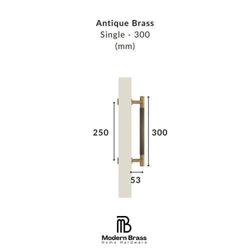 Technical dimension diagram of an Antique Brass single door handle on a white background, showing measurements of 270 mm, 300 mm, and 55 mm, with the Modern Brass Home Hardware logo at the bottom.