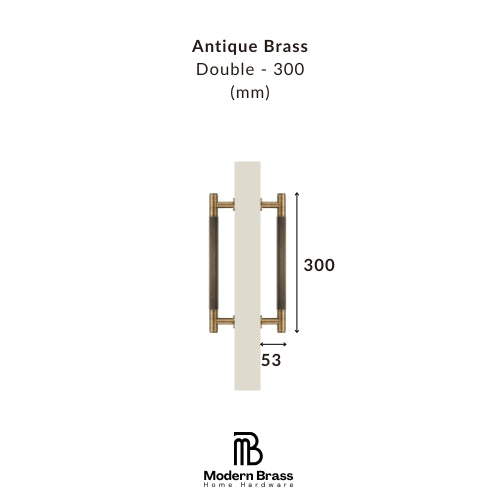 Measurement chart for antique brass double door handles on a white background with 'Modern Brass' branding.