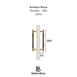 Measurement chart for antique brass double door handles on a white background with 'Modern Brass' branding.