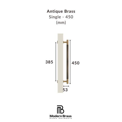 Measurement chart for an antique brass door handle with dimensions on a white background, featuring the Modern Brass logo.