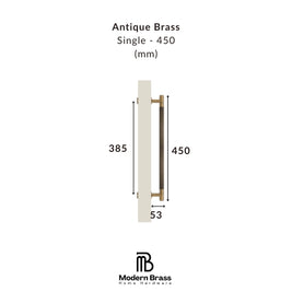 Measurement chart for an antique brass door handle with dimensions on a white background, featuring the Modern Brass logo.