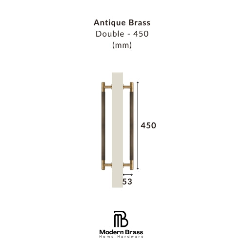 Antique brass double door handle with dimensions on a white background