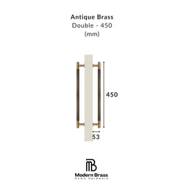Antique brass double door handle with dimensions on a white background