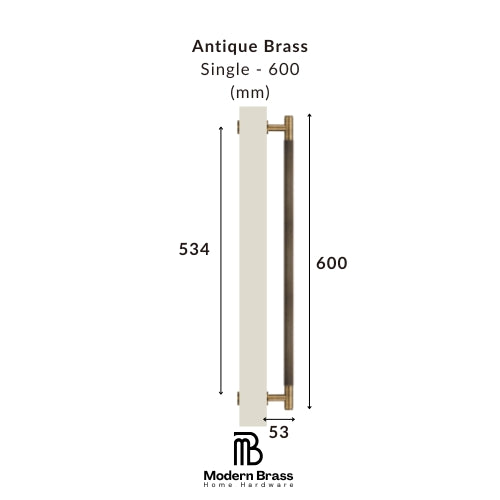 Measurement chart of an antique brass door handle with dimensions on a white background