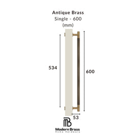 Measurement chart of an antique brass door handle with dimensions on a white background