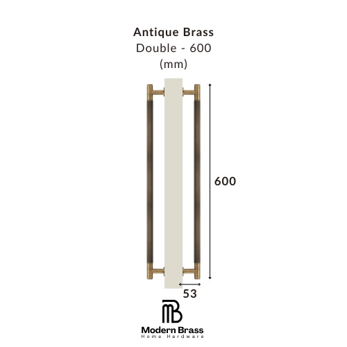 Measurement chart of an antique brass double handle with dimensions on a white background, featuring the Modern Brass logo.