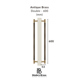 Measurement chart of an antique brass double handle with dimensions on a white background, featuring the Modern Brass logo.