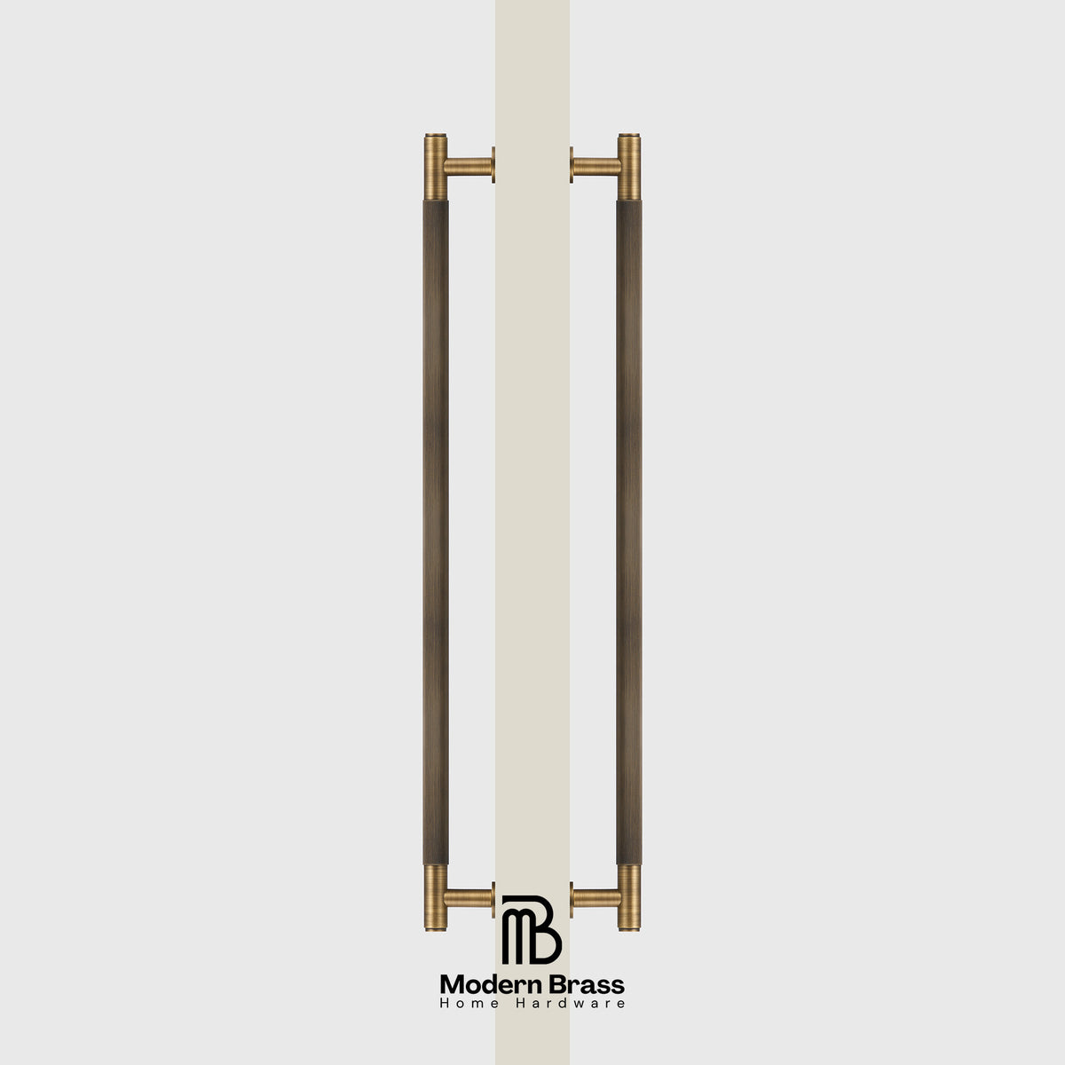 Pair of bronze door handles on a white door with 'Modern Brass' branding.