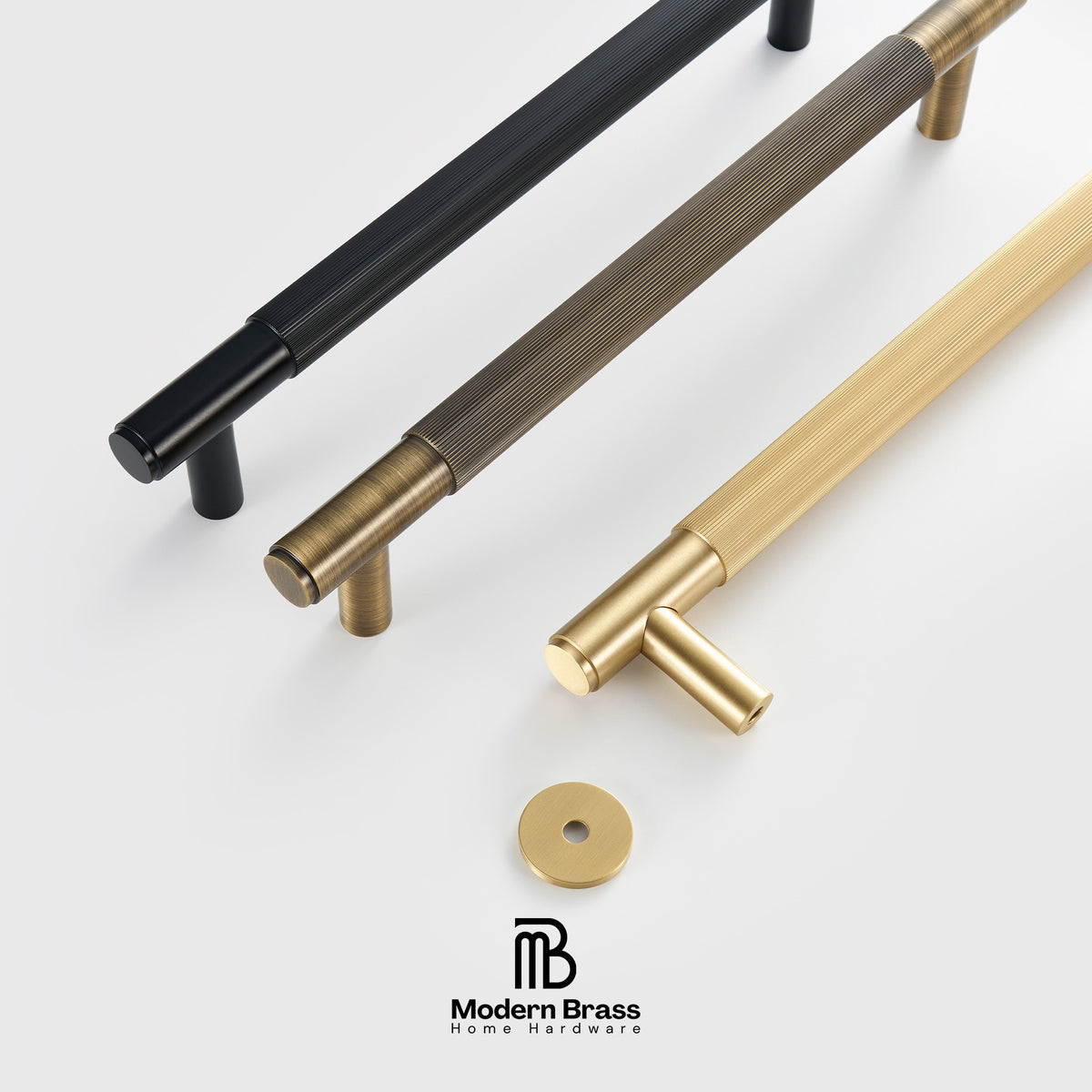 Metal handles in black, bronze, and gold on a white background with 'Modern Brass' branding.