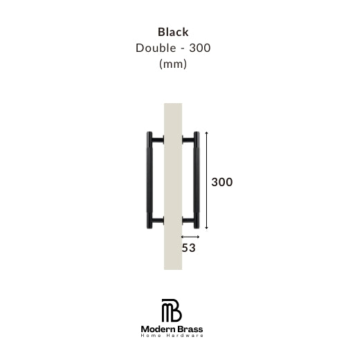 Black double door handle with measurements on a white background, featuring the Modern Brass logo.