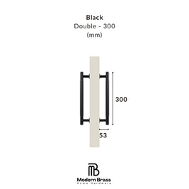 Black double door handle with measurements on a white background, featuring the Modern Brass logo.