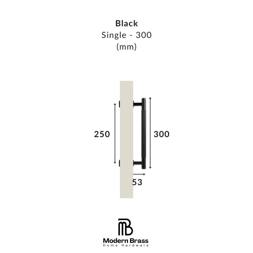 Door handle with dimensions labeled on a white background, featuring the Modern Brass logo.