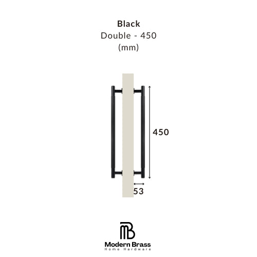 Technical dimension diagram of a black double door handle on a white background, showing measurements of 450 mm and 55 mm, with the Modern Brass Home Hardware logo at the bottom.