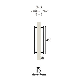 Technical dimension diagram of a black double door handle on a white background, showing measurements of 450 mm and 55 mm, with the Modern Brass Home Hardware logo at the bottom.
