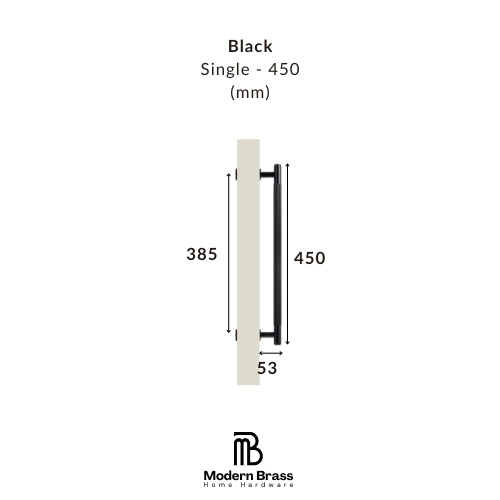 Measurement chart for a black door handle with dimensions on a white background, featuring the Modern Brass logo.