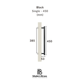 Measurement chart for a black door handle with dimensions on a white background, featuring the Modern Brass logo.