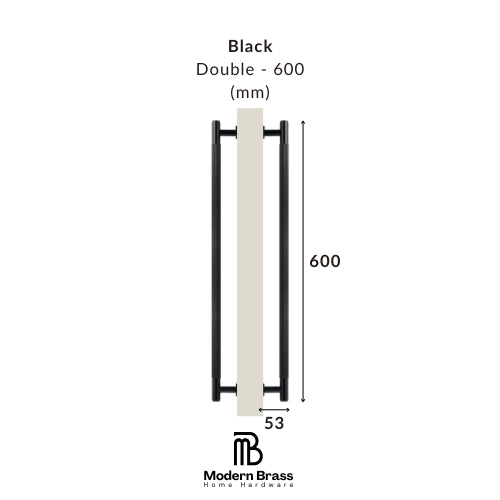 A dimension diagram of a modern double brass door handle in black, showing a height of 600 mm and a width of 55 mm, with the Modern Brass Home Hardware logo at the bottom.