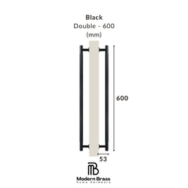 A dimension diagram of a modern double brass door handle in black, showing a height of 600 mm and a width of 55 mm, with the Modern Brass Home Hardware logo at the bottom.