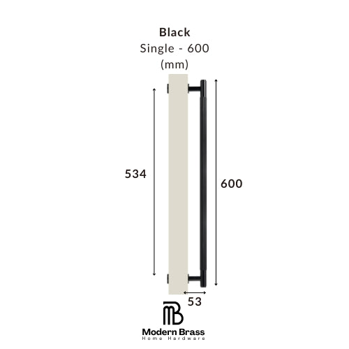 Measurement chart for a black door handle with dimensions labeled, featuring the Modern Brass logo.