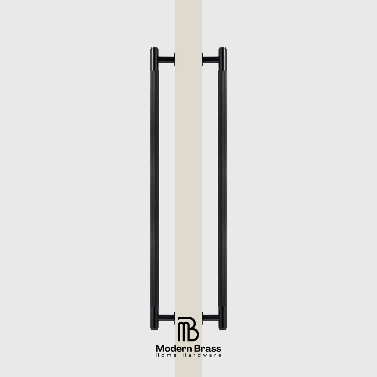 Three round cabinet knobs in black, matte brass, and brushed brass are arranged on a light beige surface against a warm beige background. The Modern Brass logo is visible at the bottom.
