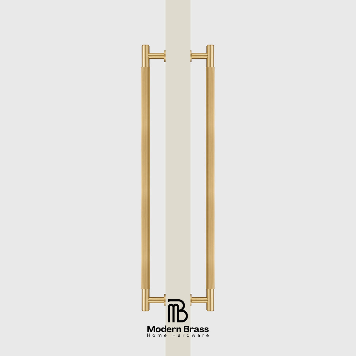 A pair of modern vertical brass door handles with a polished gold finish, shown on a light gray background with a vertical beige handle grip in the center and the 'Modern Brass Home Hardware' logo at the bottom.