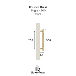 Measurement chart for a brushed brass door handle with dimensions on a white background.