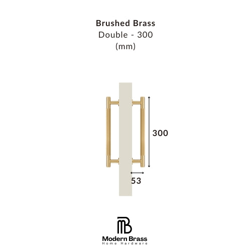 Technical product diagram of a brushed brass double door handle with dimensions labeled 300 mm height and 53 mm width, on a white background with Modern Brass branding.