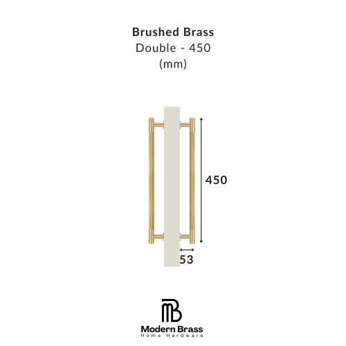 Technical dimension diagram of a brushed brass double door handle on a white background, showing measurements of 450 mm height and 53 mm width, with the Modern Brass Home Hardware logo at the bottom.
