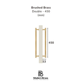 Technical dimension diagram of a brushed brass double door handle on a white background, showing measurements of 450 mm height and 53 mm width, with the Modern Brass Home Hardware logo at the bottom.