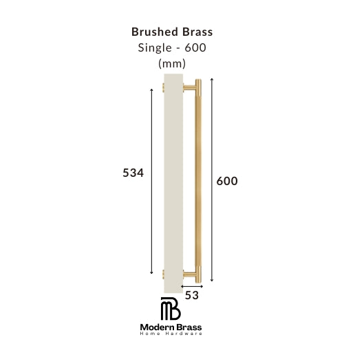 A dimension diagram of a brushed brass single cabinet handle, showing a height of 600 mm, a width of 53 mm, and a total length of 534 mm, with the Modern Brass Home Hardware logo at the bottom.